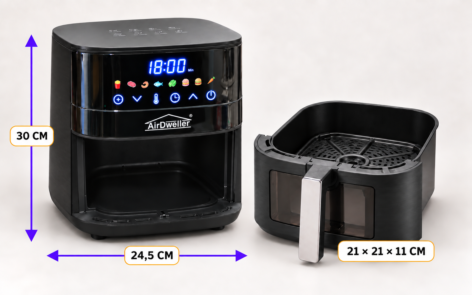 Wymiary frytkownicy AirDweller: wysokość 30 cm, szerokość 24,5 cm; kosz 21 na 21 na 11 cm